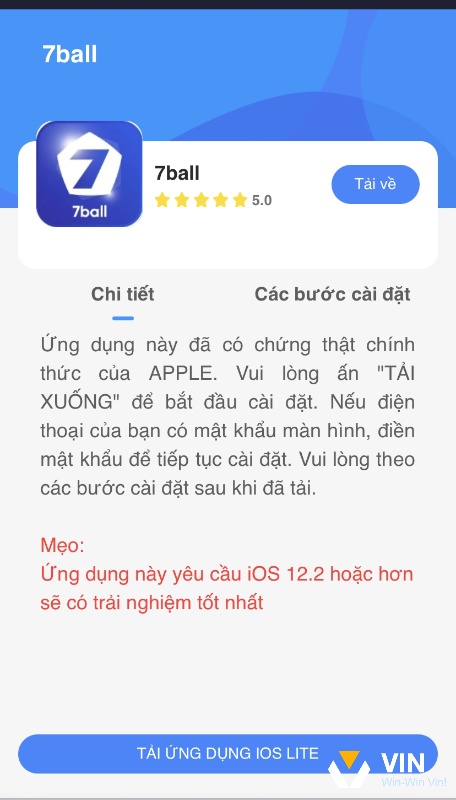 Để tải app di động 7Ball cần có IOS từ 12.2