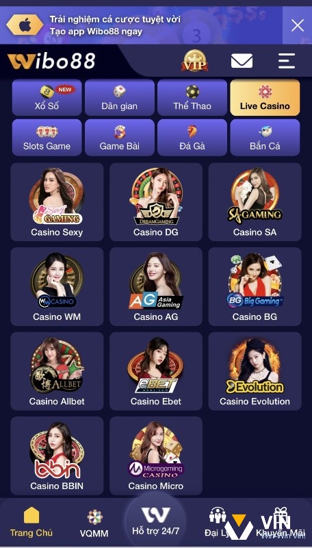 Kho trò chơi live casino hấp dẫn của web cược